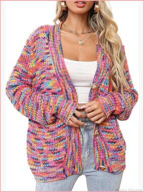 Rainbow Knitted Cardigan Chunky Color Block Button Down Sweater